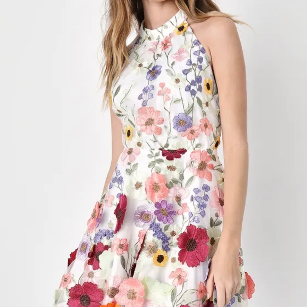 Blooming Bliss Ivory 3D Floral Embroidered Halter Mini Dress